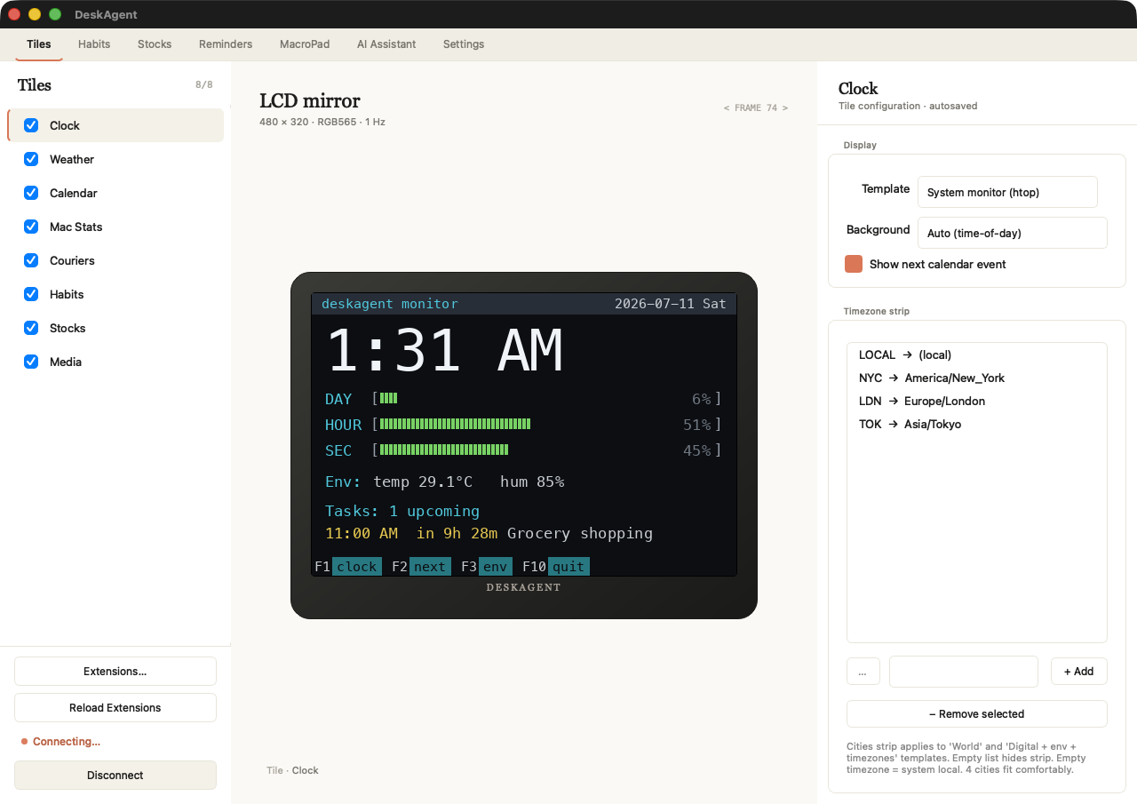 DeskProxy desktop app — Tiles tab with live LCD mirror and per-tile configuration