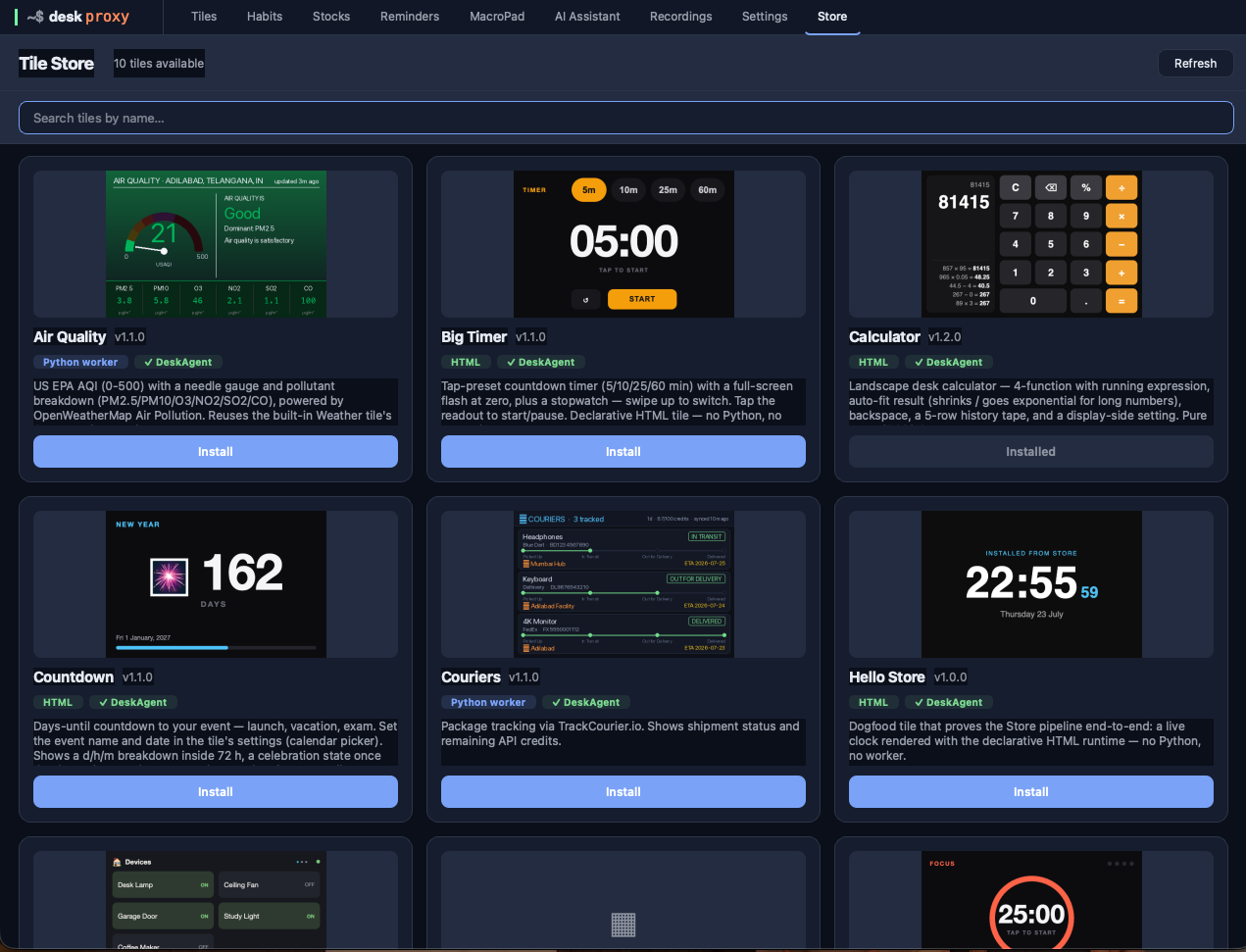 The Tile Store in the DeskProxy desktop app, showing ten installable tiles — Air Quality, Big Timer, Calculator, Countdown, Couriers, Hello Store and more — each with a preview render and an Install button.